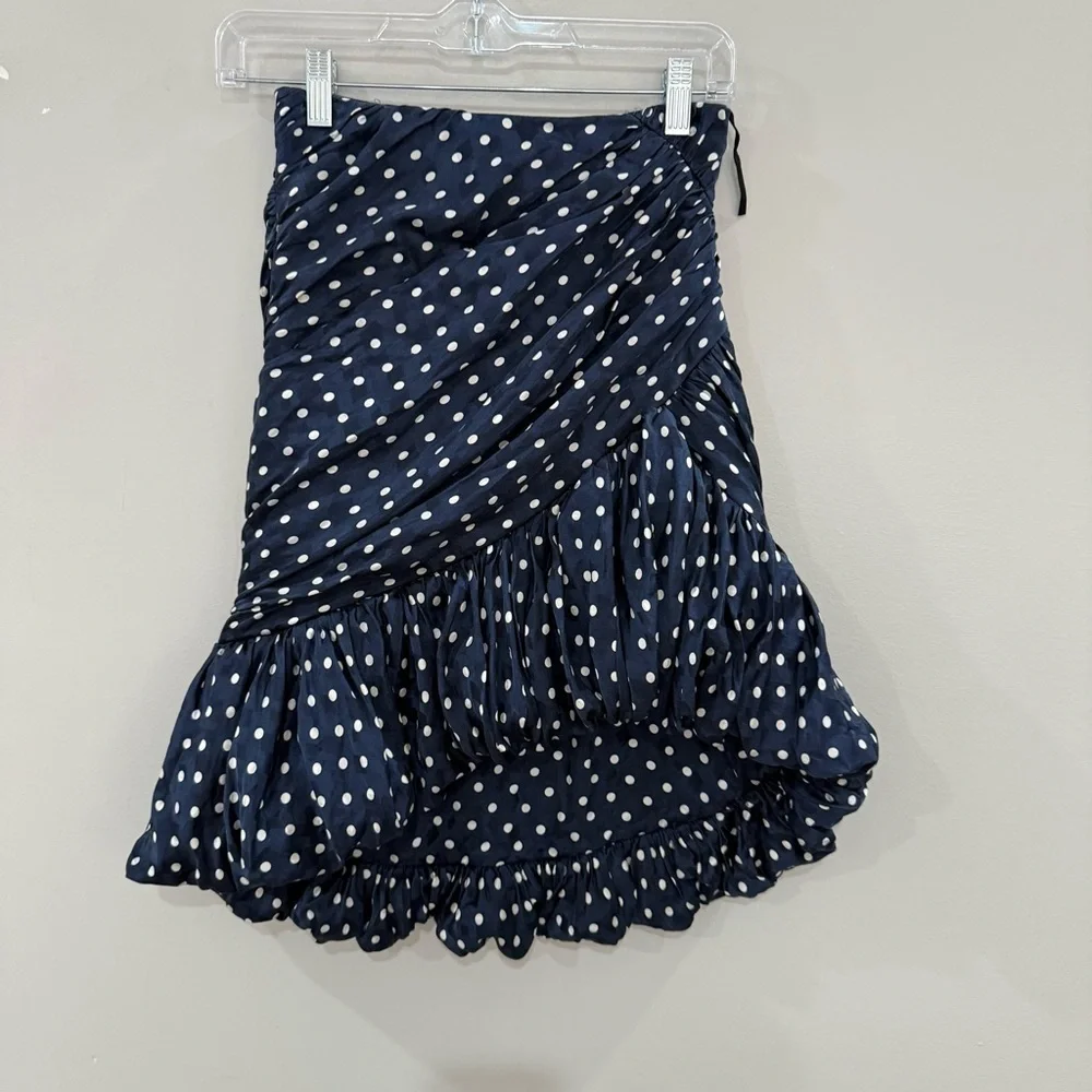 Tory Burch Bubble Skirt Side Ruched Mini in Navy Polka Dot Satin Silk